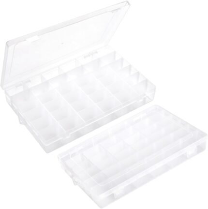2Pcs Clear Visible Plastic Storage Box- Rectangular Storage Box, Suitable For Beads, Screws Hardware Accessories Organizer Box Art DIY, Crafts, Jewelry, Fishing Tackle, With Label Stickers (36Grids)