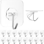 Adhesive Wall Hooks for Hanging, 16 Pack Self Sticky Hooks Heavy Duty 22lb Clear, Removable Shower Hook No Damage for Towel Key Coat Wreath Picture Outdoor Ceiling Bathroom Kitchen, Waterproof