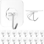Adhesive Wall Hooks for Hanging, 16 Pack Self Sticky Hooks Heavy Duty 22lb Clear, Removable Shower Hook No Damage for Towel Key Coat Wreath Picture Outdoor Ceiling Bathroom Kitchen, Waterproof