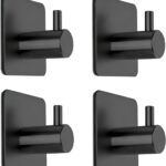 Black Adhesive Towel Hooks Heavy Duty Stick on Wall Hooks Shower Hooks for Bathroom Kitchen Door-4 Packs