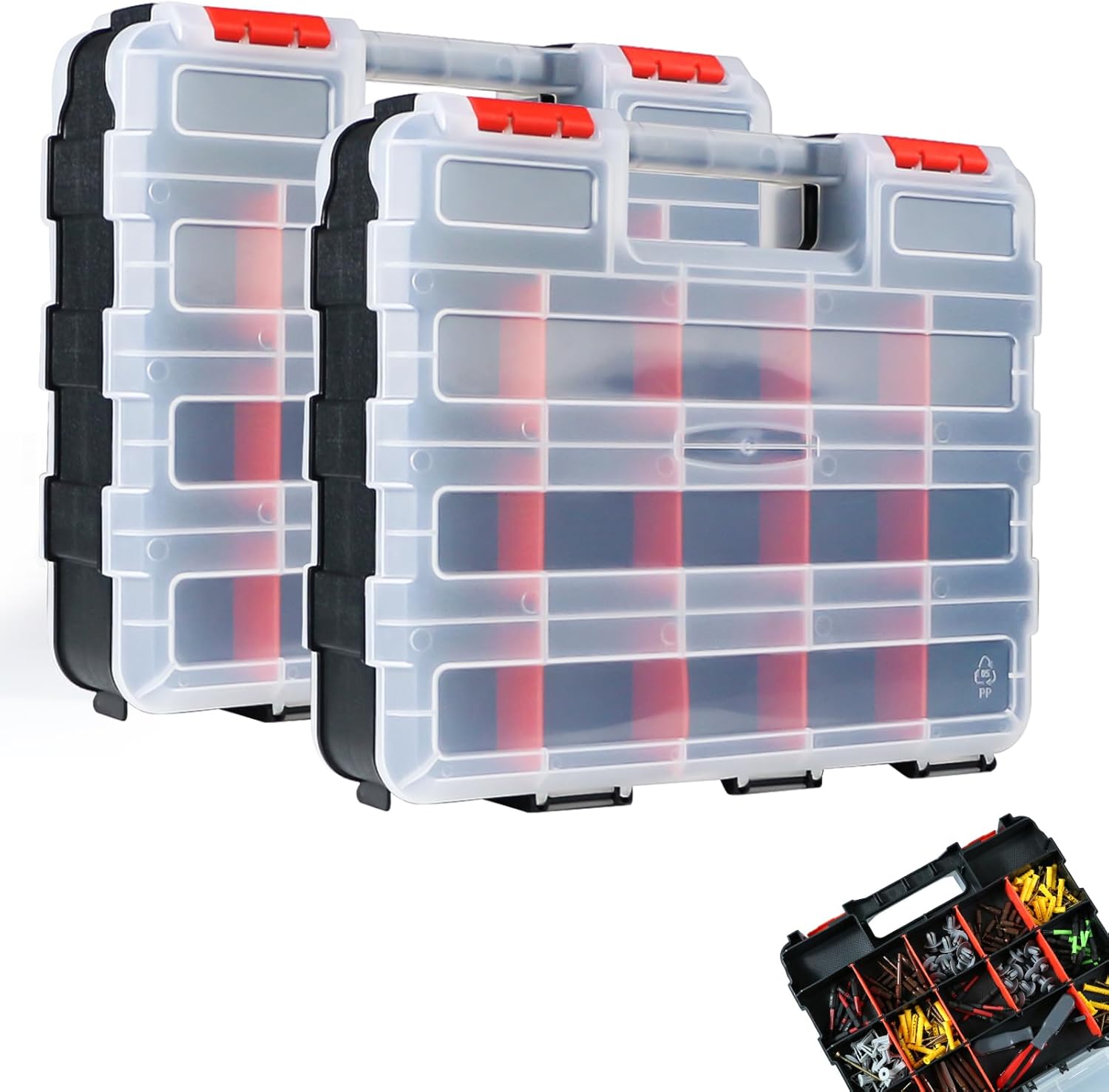 71NqwWODgnL._AC_SL1500_.jpg Tool Box, Double Side Tool Box Organizer with 34 Compartments, Removable Dividers, Tackle Box Small Parts Screw Hardware Organizer for Screws, Nuts, Nails and Bolts (2 Piece, Red) - Image 1