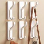 Adhesive Wall Coat Hooks - Heavy Duty Stick-On Door Hanger, Metal Hook for Hanging Towel,Purse, Robe, Backpack, Jacket, Clothes - for Bathroom,Dorm, Closet, Kitchen - White, 6 Pack
