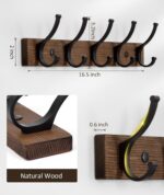 Coat Rack Wall Mount, 16.5 Inches Wood Coat Hooks, Wall Hooks for Hanging, Hat Rack Bag Hanger Key Holder for Wall, Purse Hanger Towel Racks for Bathroom (1Pack, Brown) - Image 2